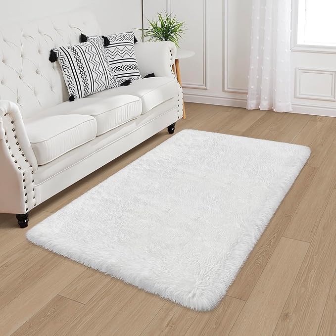 White Fluffy Rugs for Bedroom Living Room 3x5 Plush Shaggy Area Rug Soft Fuzzy Fur Throw Carpets Kids Rug for Nursery Boys Girls Baby Dorm Room Home Decor Aesthetic