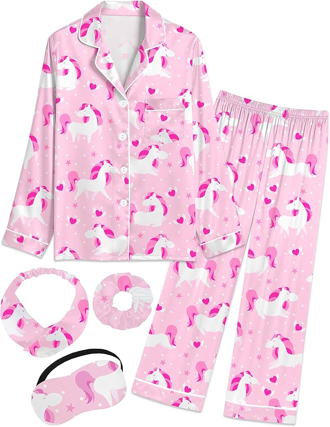 EPLAZA Kids Satin Pajamas Sets Girls Boys Button-Down Silky Pajamas Sleepwear with Hairband Eye Mask Hair Tie