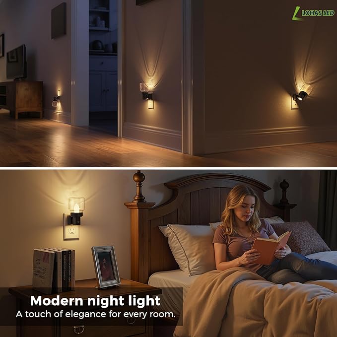 L LOHAS LED Night Lights Plug Into Wall, 2 Pack Mason Jar Nightlight, Dusk to Dawn Sensor, Soft White 3000K, 350°Rotating Mason Jar Nightlight with Farmhouse for Home Vintage Decor