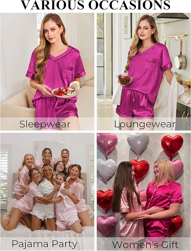 Silk Pajamas for Women Short Sleeve Satin 2 Piece Pj Set Soft V Neck Sleepwear Loungewear, S-XXL