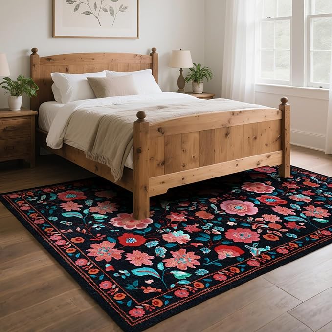 CRYPTOLITE 8x10 Area Rug for Living Room Clearance, Modern Washable Rug Non Slip Low Pile Floral Rugs for Living Room, Bedroom, Farmhouse, Dining Room, Kids Playroom, Black