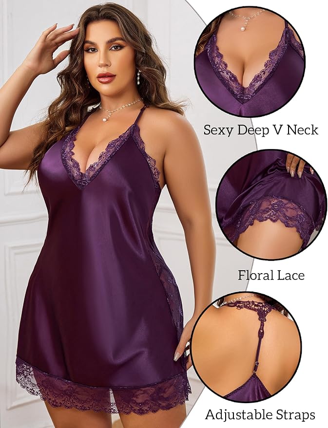 Avidlove Women Lingerie Plus Size Satin Lace Chemise Nightgown Sexy Full Slips Sleepwear L-4XL