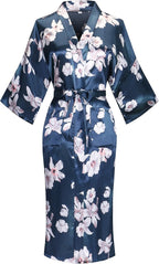 Valennia Women Long Silky Bathrobe Satin Kimono Robe Floral Printed Dressing Gown Sleepwear