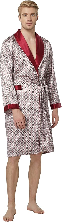 Tony & Candice Men's Satin Robe Lightweight Long Sleeve Silk Kimono Bathrobe with Shorts Set Sleepwear