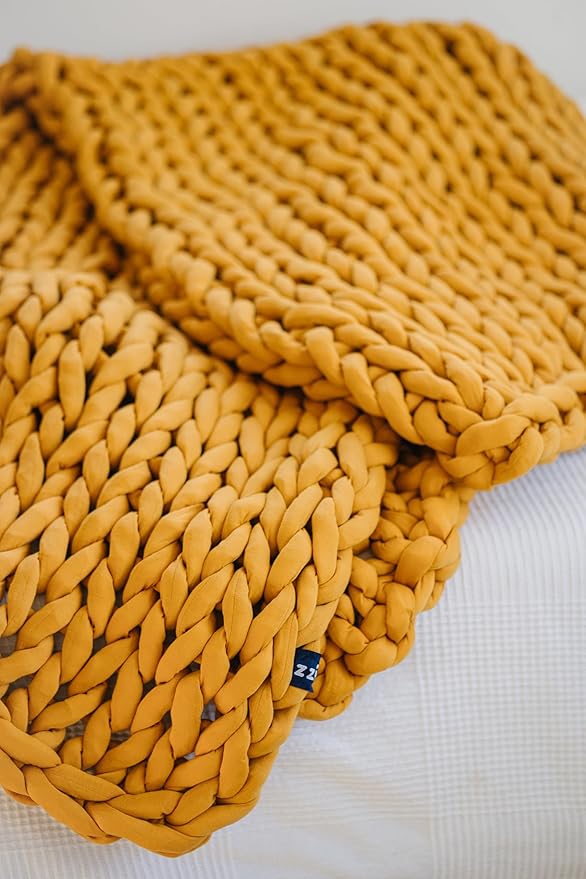 Nuzzie Original Knit Weighted Blanket- Breathable, Cooling, Hand Made Knit Throw Blanket for Sleep - Machine Washable, Stylish Design (Marigold, Queen | 22lbs | 60"x80")