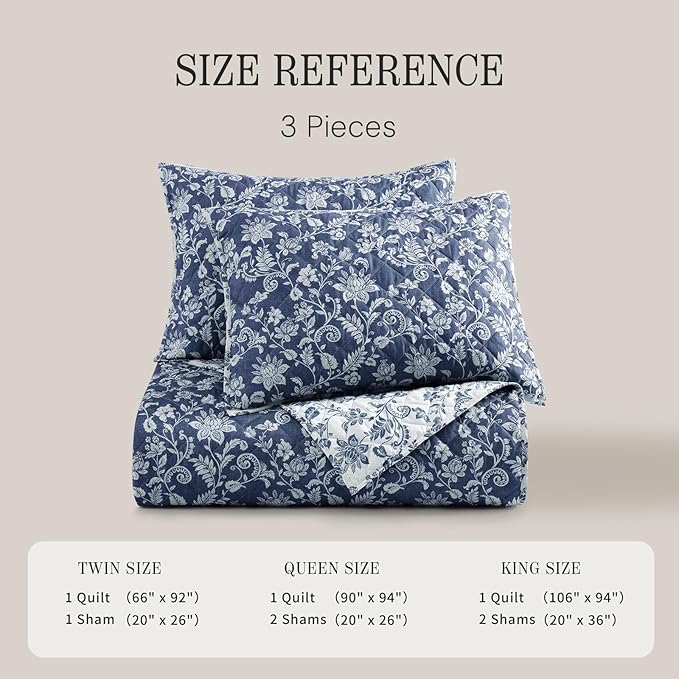 BLOOMHAVEN Quilt Set King Size, Oxford Blue Floral Quilt Sets, Reversible Bedspread Lightweight and Breathable for All Seasons, Soft Quilted Bedspread with 2 Pillow Shams