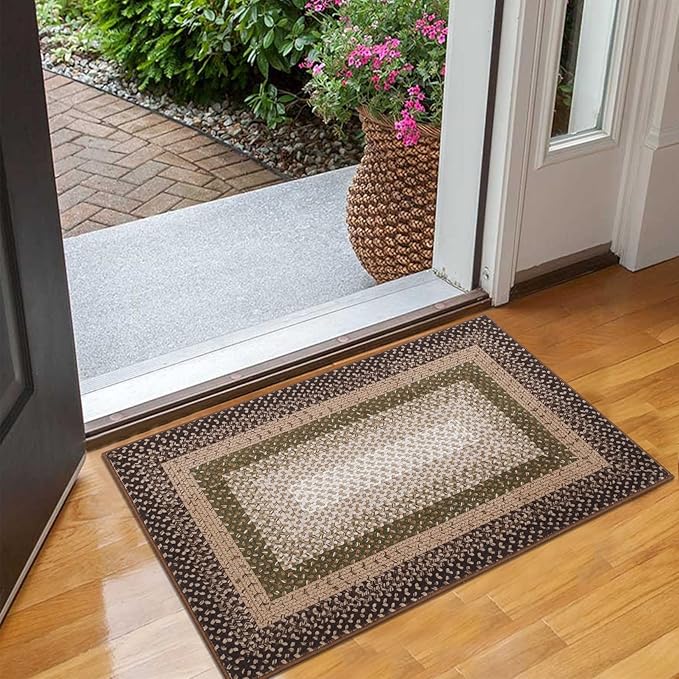 RUGSREAL Entry Rug 2x3 Small Area Rug Machine Washable Bedroom Carpet Non Slip Bathroom Mat Stain Resistant Kitchen Area Rug Farmhouse Carpet Modern Rustic Rug for Living Room Dining Room, Moss/Brown
