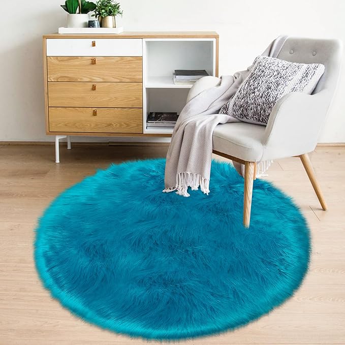3ft Small Round Blue Rug,Thick Furry Fluffy Carpet for Teen,Sheepskin Fur Shaggy Circular Rug for Indoor Bedroom Room Living Room Nursery Decor Chair