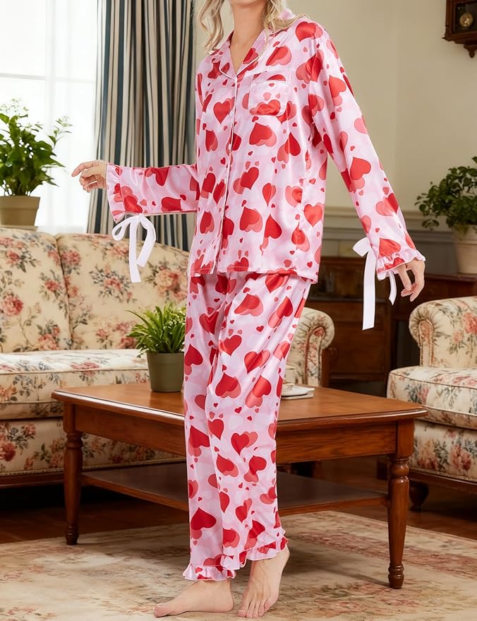 SWOMOG Womens Silk Satin Pajamas Set Long Sleeve Button Down Sleepwear 2 Piece Lounge Set Pj Set XS-3XL