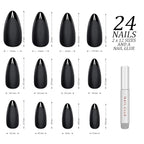 Hypnaughty 24 Pcs Caviar Almond Black Matte Press On Nails with Glossy Black French Tip and Glue Medium Long Pointed Oval False Nails (Caviar)