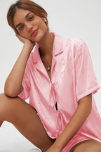 CHYRII Women's Silk Satin Pajamas Sets Tie Front Short Sleeve Tops and Shorts Two Piece Pj Sets Sleepwear