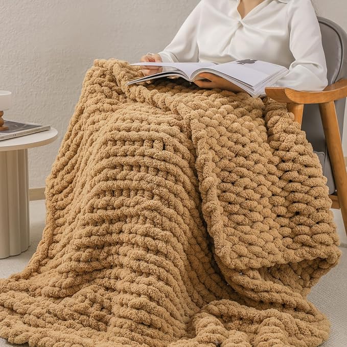 bearberry Chunky Knit Throw Blanket 60x80 Inches Handmade, Soft Jumbo Chenille Yarn with Cable Rope Knot Design | Thick Cozy Large Blanket for Couch, Sofa, Bed & Living Room Home Decor | Camel