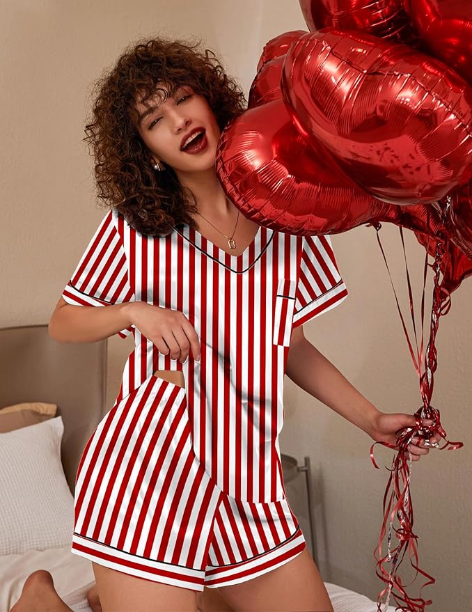 Ekouaer Silk Pajama for Women Short Sleeve Satin Pj Set Two Piece Soft Sleepwear Loungewear, S-XXL