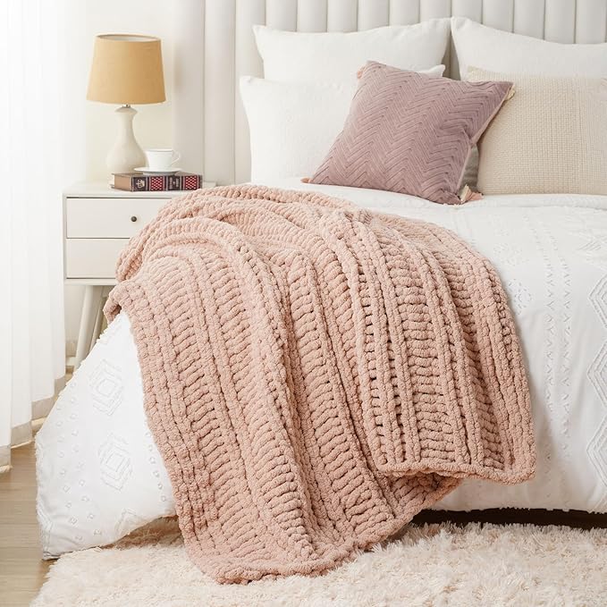 Battilo Chunky Knit Throw Blanket for Couch, 50"x60", Pink Chenille Throw Blanket, Super Soft Cozy Warm Cable Knitted Blankets for Bed, Sofa, Living Room