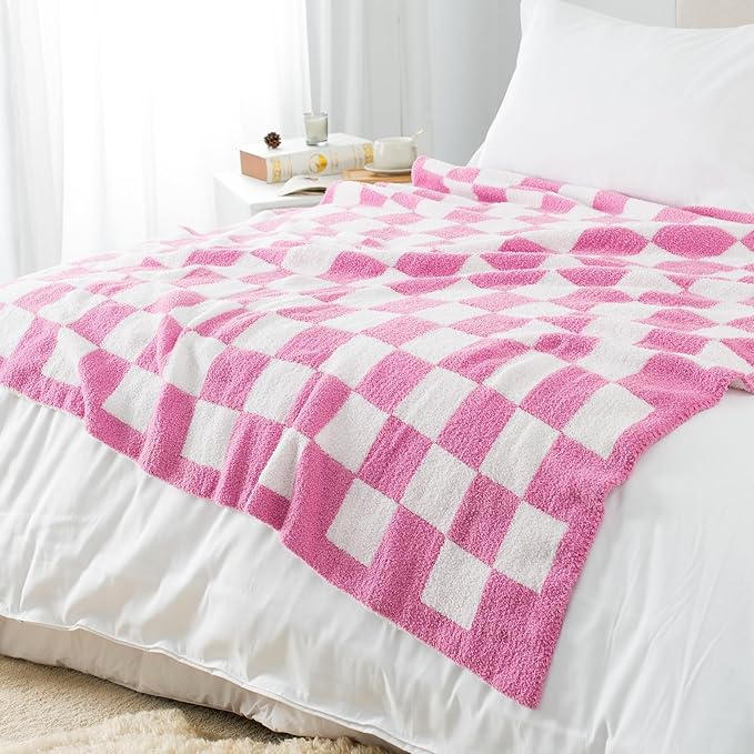 Carriediosa Checkered Throw Blanket 90" X 90" Queen, 400GSM Ultra Soft Microfiber Fuzzy Fluffy Reversible Cute Preppy Knitted Blankets Cozy Plush Fall Throws for Couch, Bed, Sofa, Hot Pink