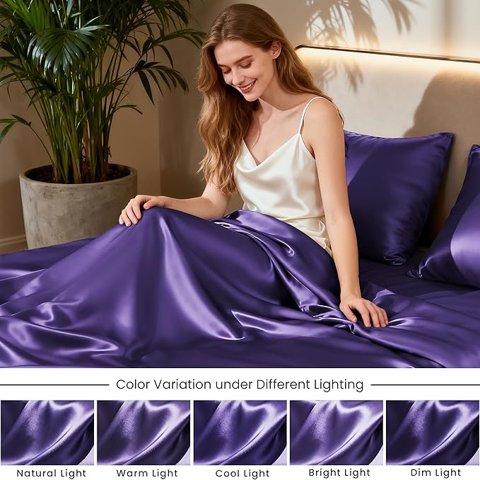 Love's cabin Satin Queen Sheets Set - 4 Piece Purple Silky Bed Sheets Set with Deep Pocket, Luxury Silk Feel Satin Queen Size Sheet Set (1 Flat Sheet,1 Fitted Sheet,2 Pillow Cases)