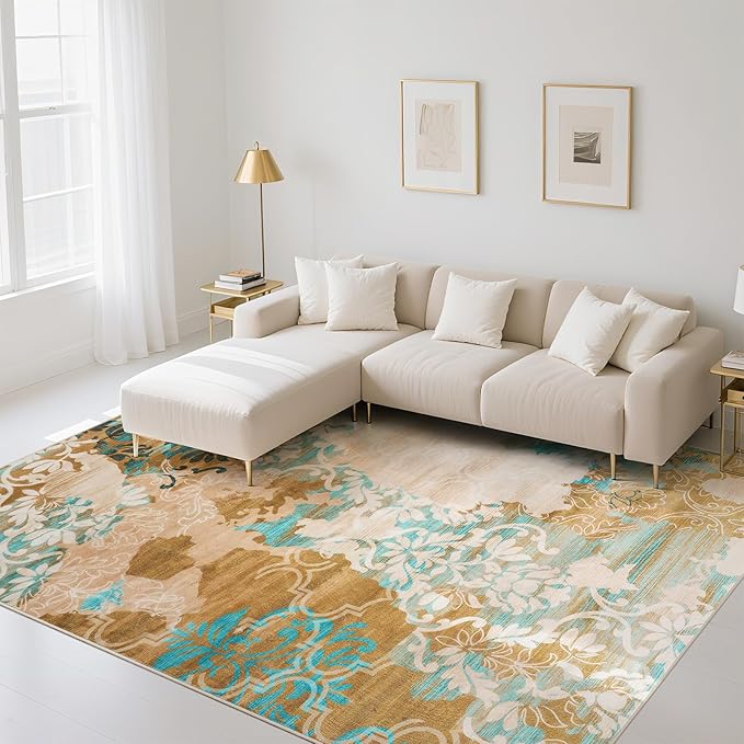 CRYPTOLITE Area Rugs 8x10 Rug for Living Room Abstract Washable Rug with Non-Slip Backing Low Pile Area Rug for Bedroom, Dining Room, Orange-Yellow