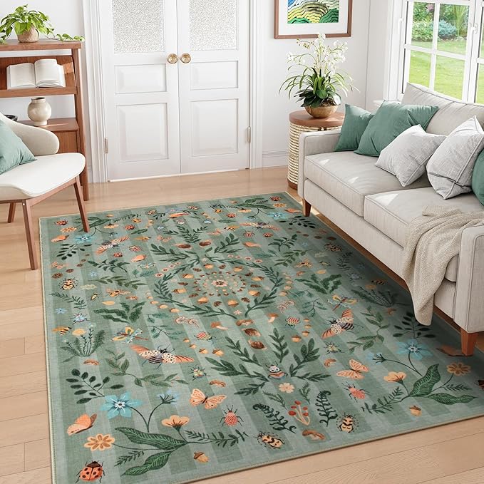 Lahome Chloe Insect Botanical Washable Green 6x9 Area Rugs for Living Room, Non Slip Rugs for Bedroom, Boho Indoor Throw Dining Room Rugs for Under Table Carpet for Home Office Playroom(Green,6x9)