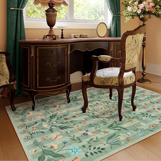 Lahome Chloe Insect Botanical 3x5 Washable Rugs for Entryway Soft Rug for Bedroom, Green Kitchen Rugs Non Slip Washable, Boho Floral Indoor Throw Carpet for Bathroom Laundry Living Room(Green,3x5)