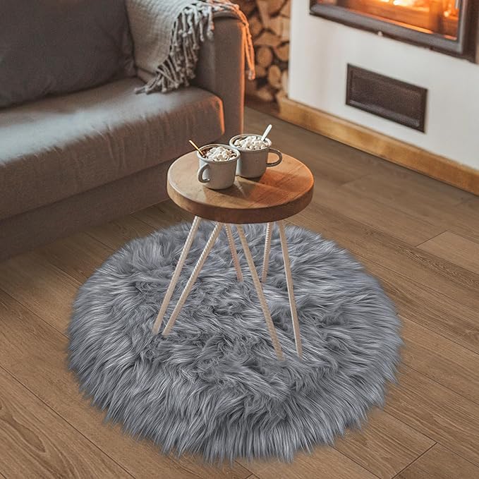 Grey Round Rugs for Bedroom, Fluffy Circle Rug 2 2 Feet for Kids Room, Furry Carpet for Teen Girls Room, Non-Slip Shaggy Circular Rug Plush Rug