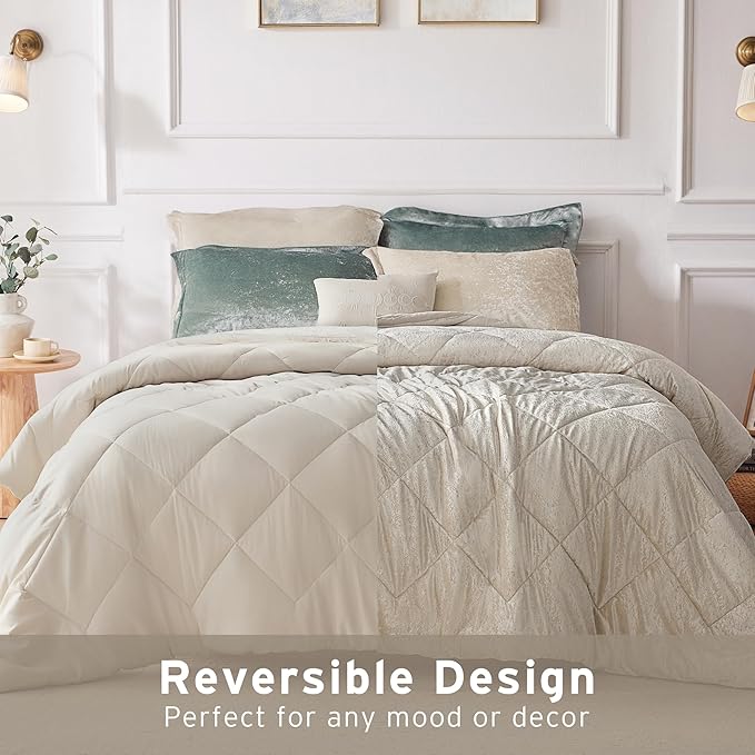 Intelligent Design Queen Comforter Set Velvet Comforters Queen Bedding Reversible, All Season, Diamond Quilted Bedding Microfiber Queen Size Comforters, Felicia, Full/Queen, Champagne 4 Piece