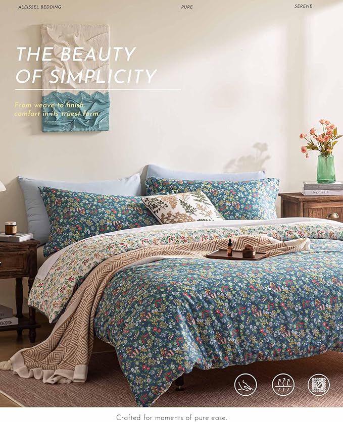 ALEISSEL Cotton Floral Comforter King Size - 3PC Lightweight Bedding Sets with Ultra-Soft Alternative Fill, Luxurious Reversible Design with Vibrant Floral Pattern, Deep Slate Blue & White Options