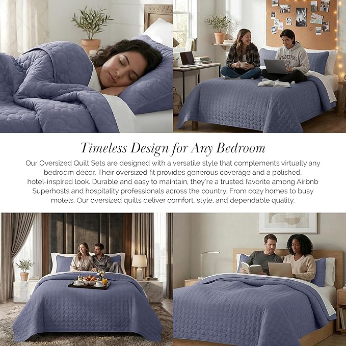 Southshore Fine Living, Inc. Lightweight Quilt, Oversized Quilts For King Bed, Soft Coverlet, 3-Piece Bedspread Set with Two Matching Quilted Pillow Shams, All Season California/King Quilt Sets, Denim