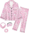 EPLAZA Kids Satin Pajamas Sets Girls Boys Button-Down Silky Pajamas Sleepwear with Hairband Eye Mask Hair Tie