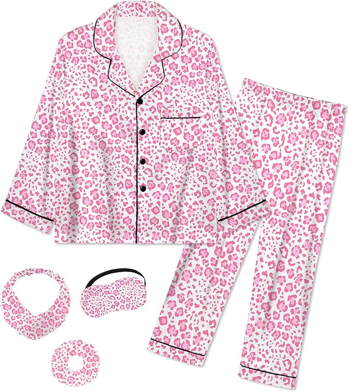 EPLAZA Kids Satin Pajamas Sets Girls Boys Button-Down Silky Pajamas Sleepwear with Hairband Eye Mask Hair Tie