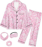 EPLAZA Kids Satin Pajamas Sets Girls Boys Button-Down Silky Pajamas Sleepwear with Hairband Eye Mask Hair Tie