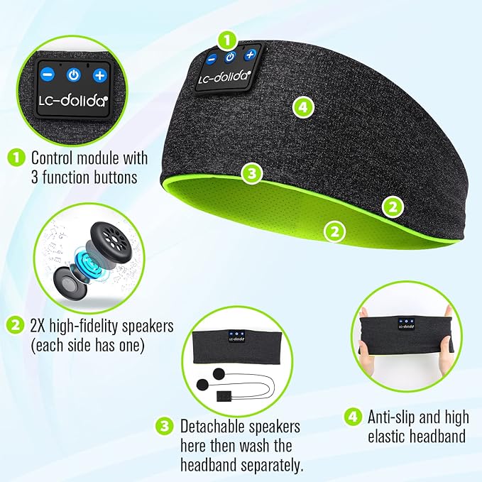 LC-dolida Sleep Headphones Wireless Bluetooth Headband Headphones for Sleeping Music Band Cozy Sleep Mask with Thin HD Stereo Speakers Perfect for Side Sleepers(Moss)