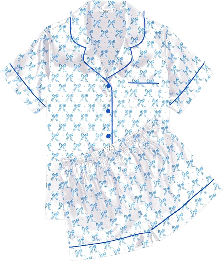 Ekouaer Womens Silk Satin Pajama Sets Soft Short Sleeve Button Down Sleepwear Top and Shorts 2 Piece Pjs Lounge Set