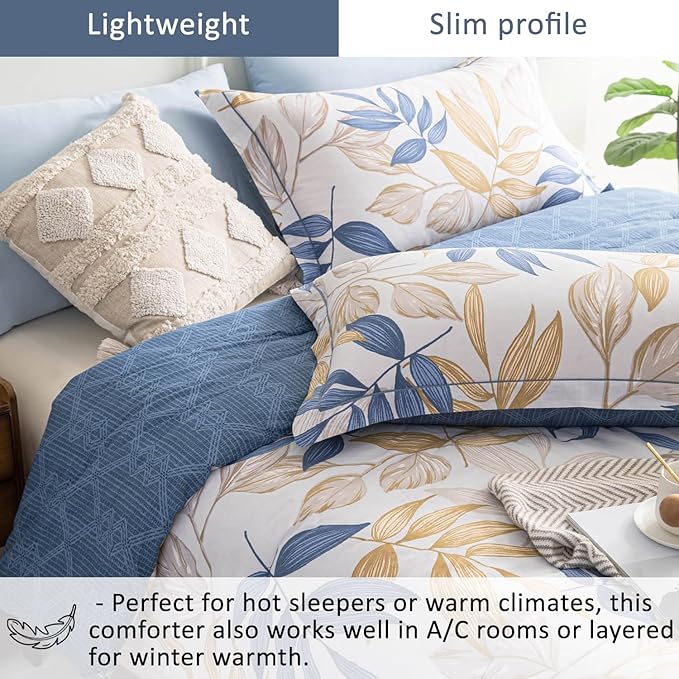 ALEISSEL Blue Botanical Cotton Comforter King Size - 3PC Lightweight Bedding Sets with Ultra-Soft Alternative Fill, Reversible Design with Leaf Pattern, Dark Blue & White (1 Comforter, 2 Pillowshams)