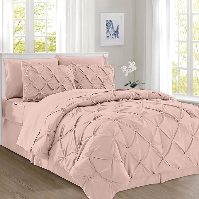 Elegant Comfort 8-Piece Pinch Pleated Comforter Set - All Season Complete Bed in a Bag, Includes 4pc Smart Sheet Set, Bed Skirt, Comforter, Matching Pillowcases and Shams, Full/Queen, Blush Pink