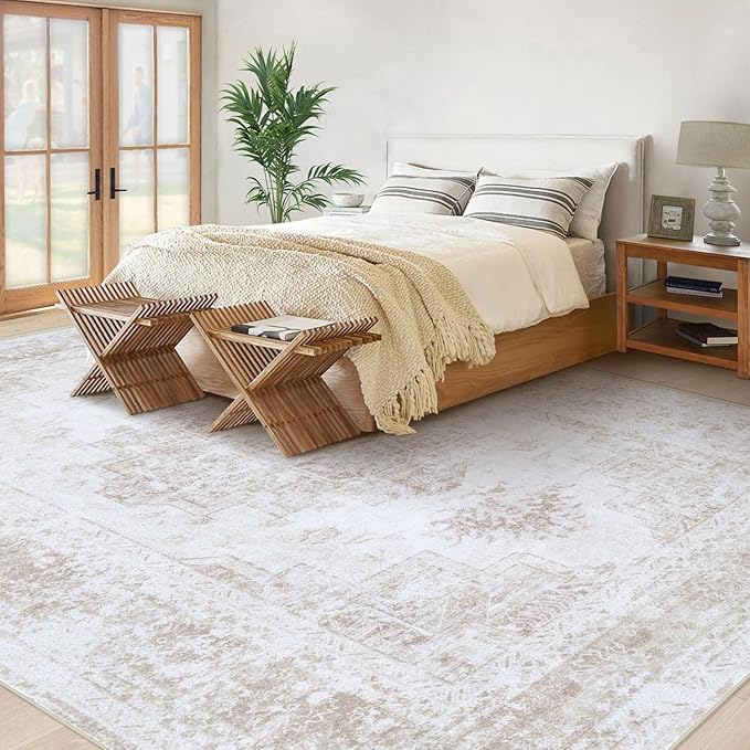 XLUEZ Area Rug 8x10 Living Room Rug, Machine Washable Vintage Distressed Medallion Rug Non-Slip Soft Low Pile Large Indoor Rugs for Bedroom Kitchen Dining Room Office(Beige,8'x10')