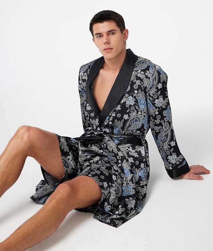 Tony & Candice Men's Satin Robe Lightweight Long Sleeve Silk Kimono Bathrobe with Shorts Set Sleepwear