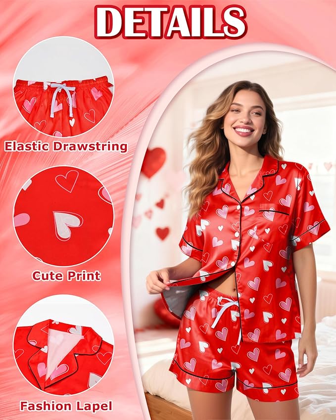 Womens Silky Pajama Sets Short Sleeve Loungewear 2 Pcs Satin Soft Pj Sets Button Down Women's Summer Sleepwear
