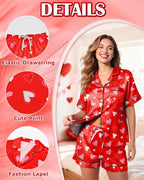 Womens Silky Pajama Sets Short Sleeve Loungewear 2 Pcs Satin Soft Pj Sets Button Down Women's Summer Sleepwear