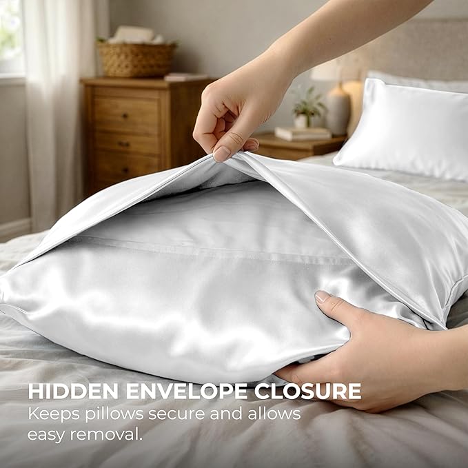 Satin Pillowcase 2 Pack - Queen Size (20"x30", White) - Silky Pillow Cases for Hair and Skin - Satin Pillow Covers with Envelope Closure - Extra Soft Premium Microfiber