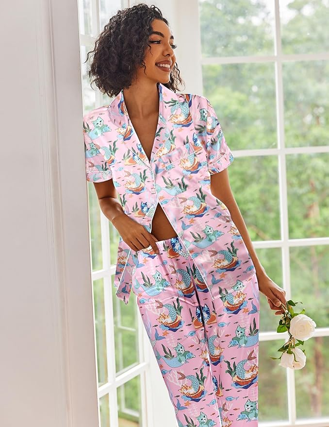 Ekouaer Silk Satin Pajamas Set Women Short Sleeve Sleepwear Soft Button Down Loungewear Pjs Set