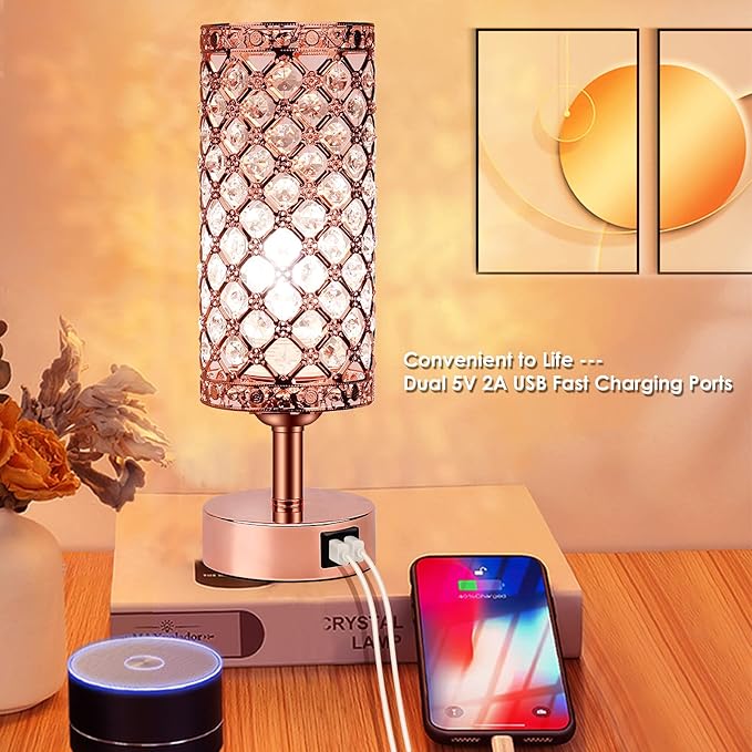 UBright Touch Control Crystal Table Lamp 3 Way Dimmable Decorative Bedside Nightstand Lamp with 2 USB Charging Ports Small Touch Light for Living Room Bedroom Home 2 Pack (Bulb Included) (Rose gold)