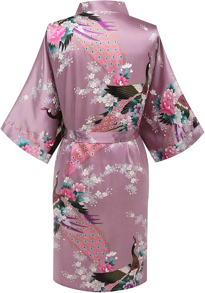 Women's Short Kimono Robes Bride and Bridesmaid Satin Floral Bathrobe Peacock Sleepwear Dressing Gown for Wedding Party