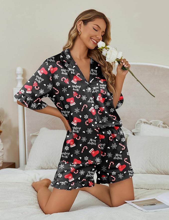 Ekouaer Womens Satin Pajamas Set 2 Piece Button Down Silk Pjs Ruffle Short Sleeve Shorts Set Notch Collar Sleepwear