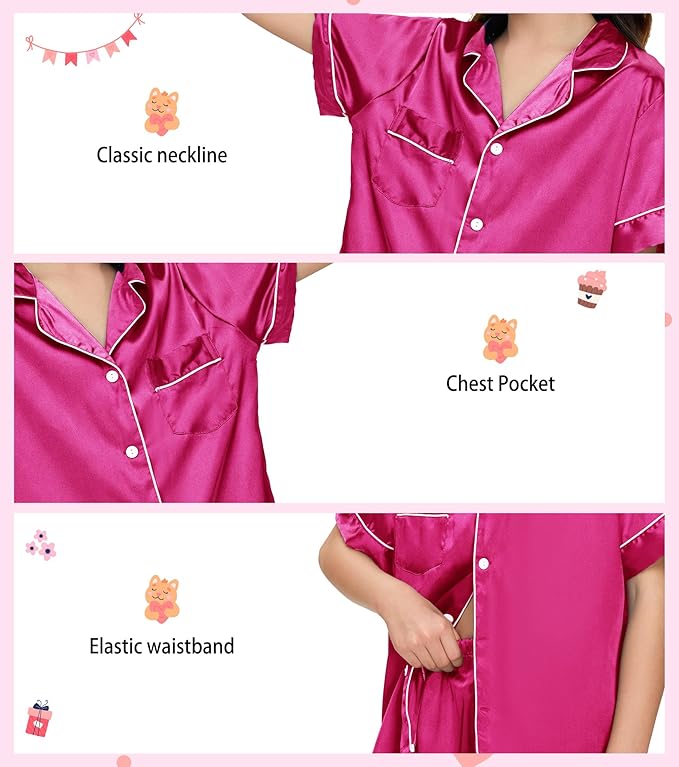 EPLAZA Kids Satin Pajamas Sets Girls Boys Button-Down Silky Pajamas Sleepwear with Hairband Eye Mask Hair Tie