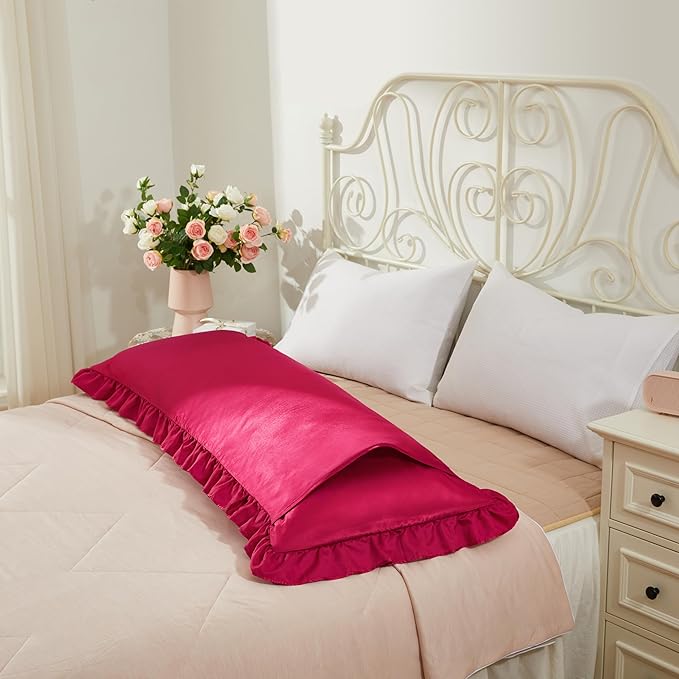 Wine Red Satin Pillowcases Body Pillow for Hair and Skin,Wine Red Body Pillow Silk Pillowcase with Envelope Closure Princess Room Decoration