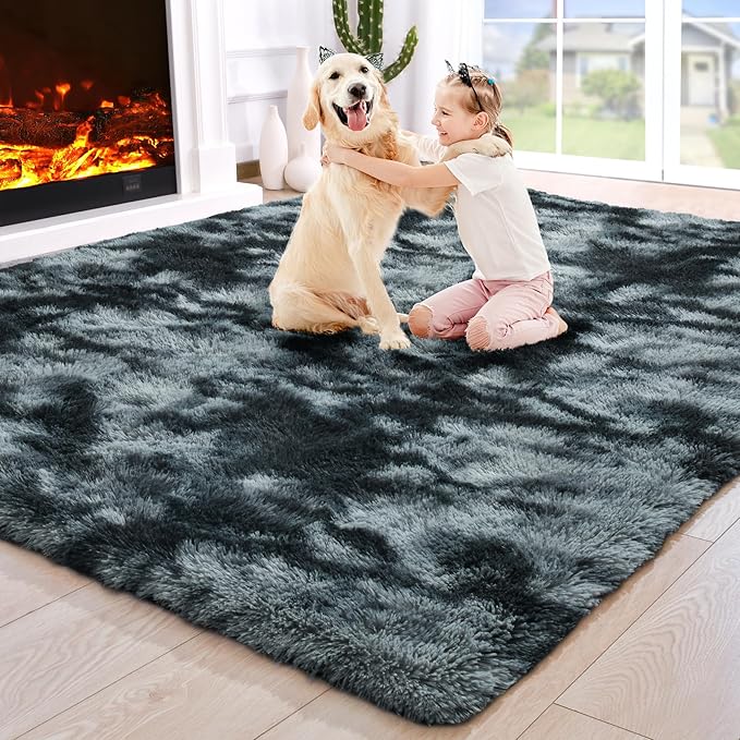 Noahas Fluffy Bedroom Rug,3x5 Feet Plush Fuzzy Tie-Dyed Black and Grey Area Rugs for Living Room, Non Slip Thick Soft Shaggy Nursery Furry Floor Dorm Kids Carpet