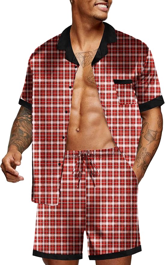 Ekouaer Men Satin Silk Pajamas Set with Pockets Sleepwear Shorts Satin Summer Loungewear 2 Piece Button Down Set S-3XL