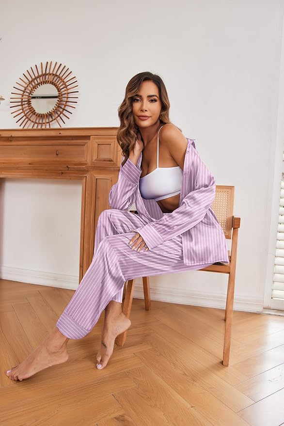 Ekouaer Women Satin Silk Pajamas Classic Long Sleeve Button Down Pjs Set Soft Loungewear