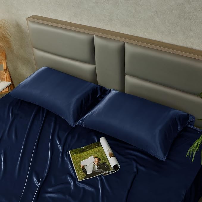Navy Blue Satin Pillowcase Queen Size Set of 2 for Hair and Skin, Navy Blue Silk Pillowcase Breathable Pillowcase with Envelope Closure