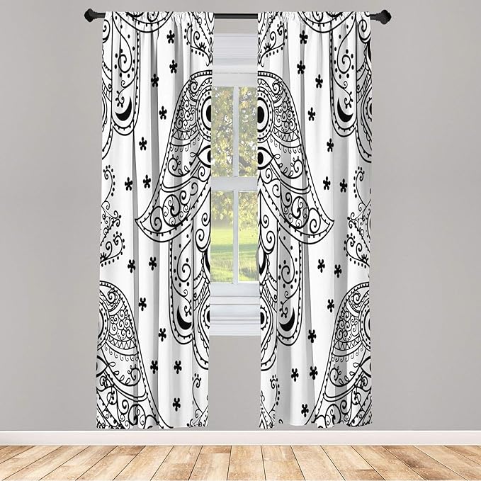 Lunarable Hamsa Window Curtains, Egyptian Boho Hand Shape Pattern Eye Design Bridal Night Inspired Art, Lightweight Decorative 2-Panel Set & Rod Pocket, Pair of - 28" x 84", Dark Grey